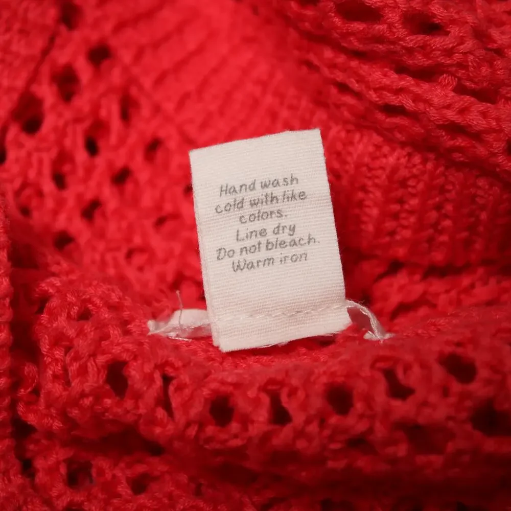 Mododoc Pointelle Open Stitch Hooded Lace-Up Sweater Neon Coral Size M